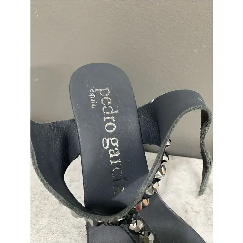 Pedro Garcia Swarovski Crystals Black Suede Platform Wedge Sandals Size 37 US 7